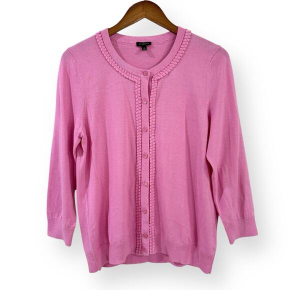Talbots Pink Button Up Cardigan Womens L Scallop Trim 3/4 Sleeve Preppy Cottage - Picture 1 of 9